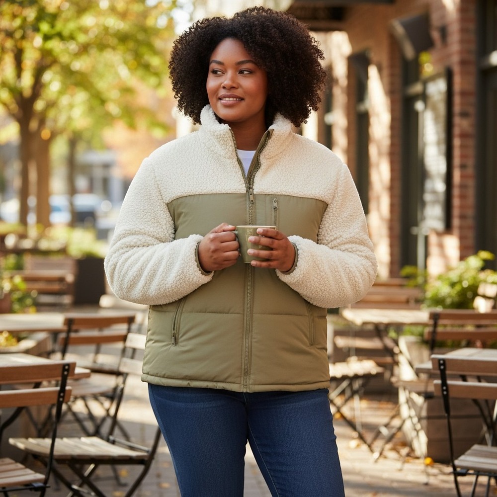 Avec Les Filles Puffer Jacket Women L Olive Green Sherpa Mixed Media Puffer Coat